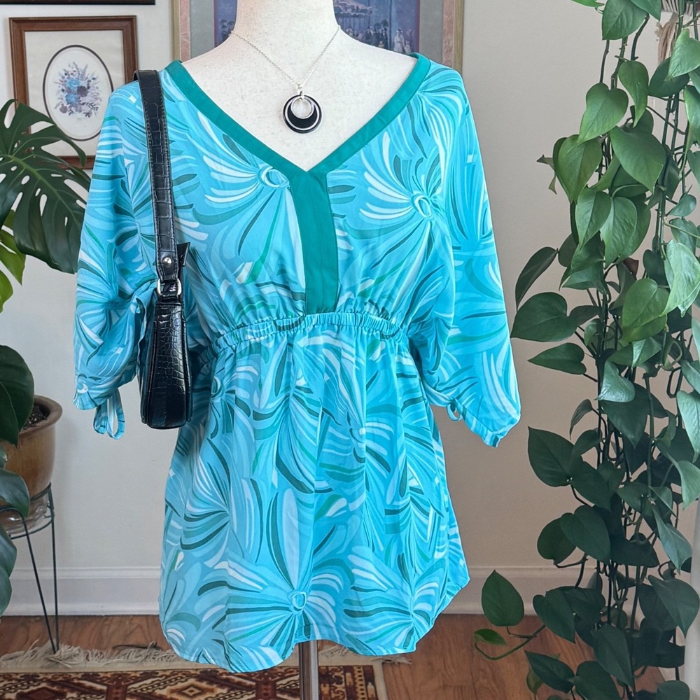 Y2K Boho The Pioneer Woman Babydoll Tunic Top Turquoise Floral Empire Waist M - Picture 2 of 5